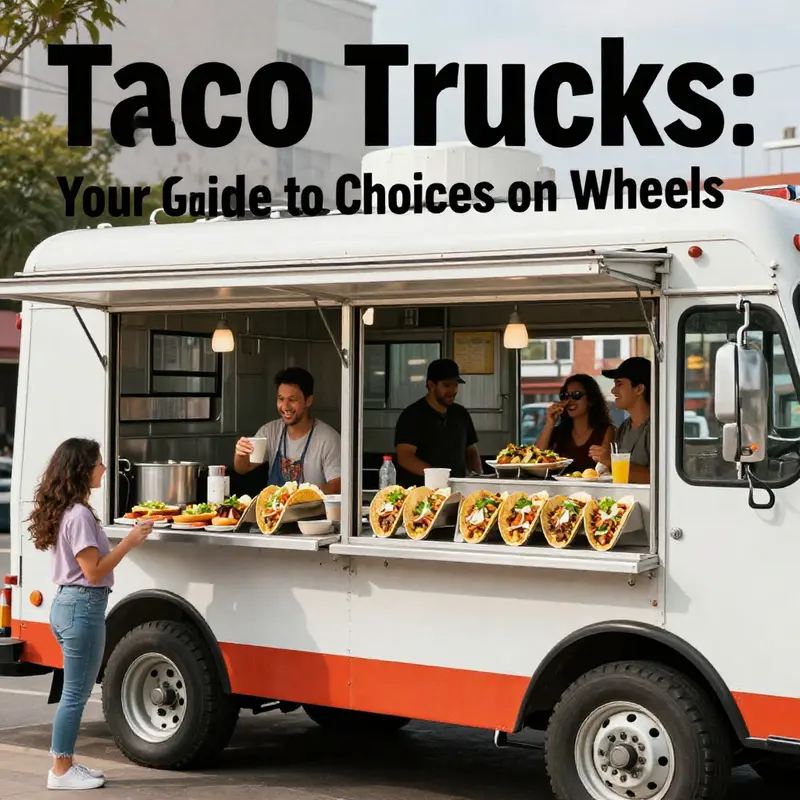 A bustling taco truck in the city with happy customers enjoying an assortment of colorful tacos.