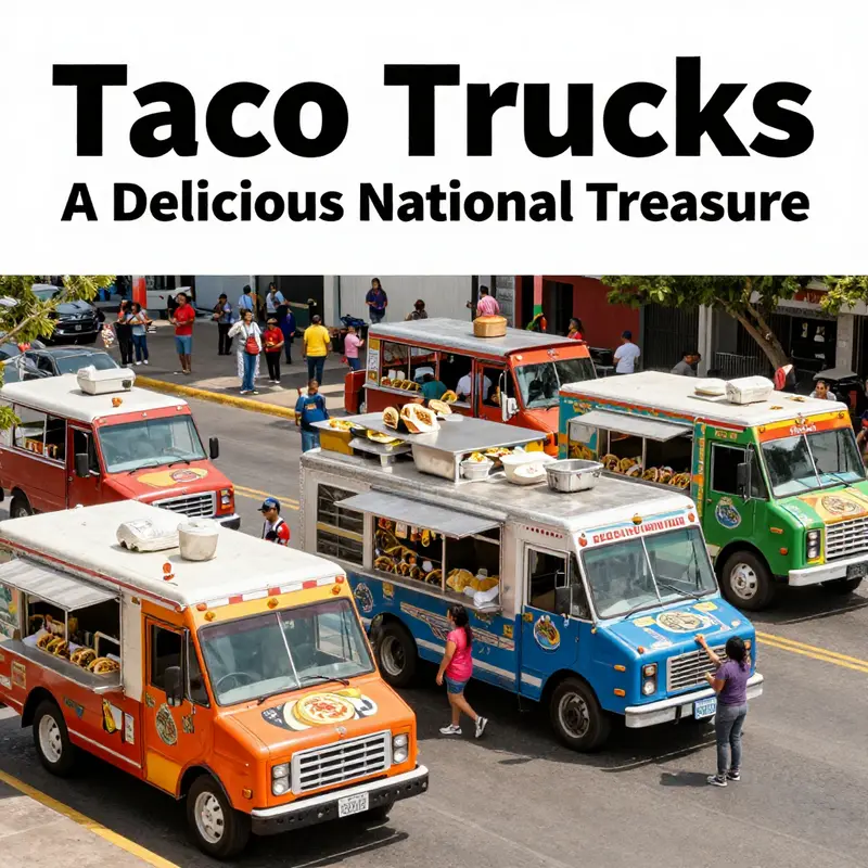A collage of vibrant taco trucks in Mexico, highlighting the lively street food culture.