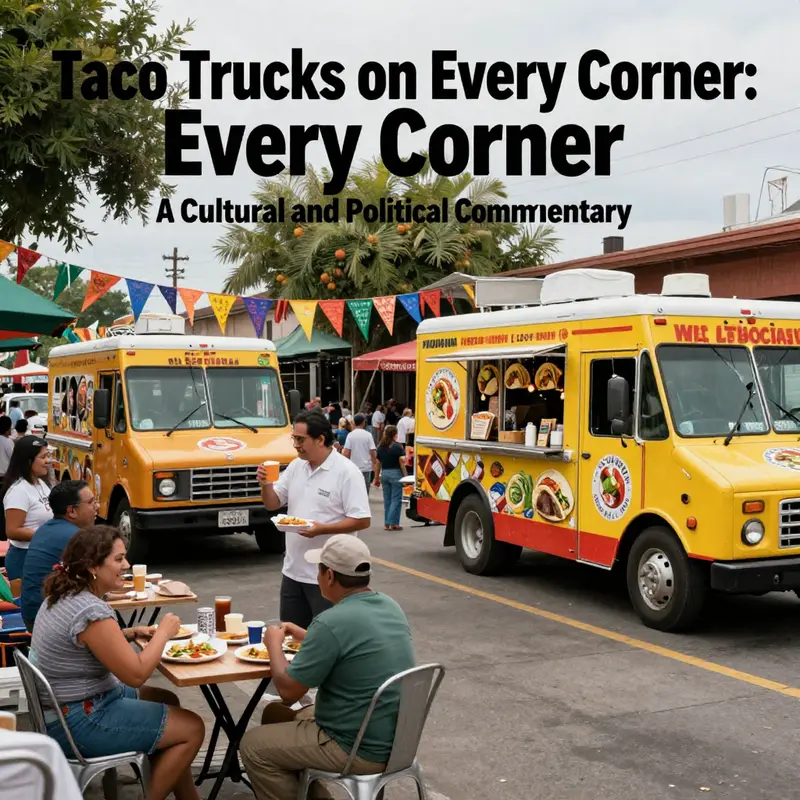 A vibrant urban scene showcasing taco trucks with people enjoying food, reflecting the joy of street food culture.