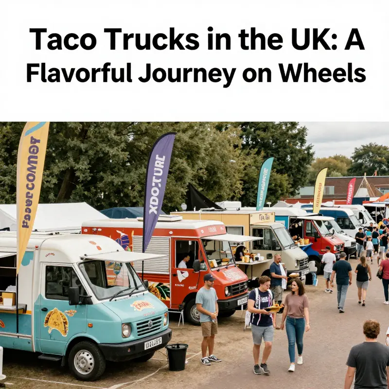 A panoramic view of taco trucks at a UK food festival, with people enjoying diverse taco offerings.