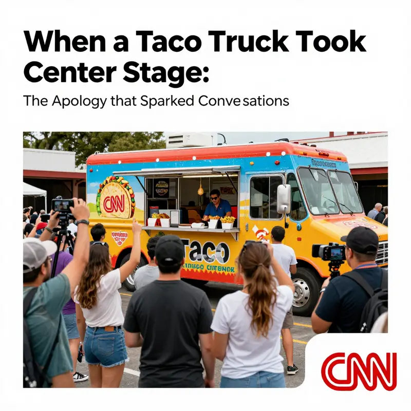 A lively taco truck scene attracting media attention, illustrating the moment of a public apology.