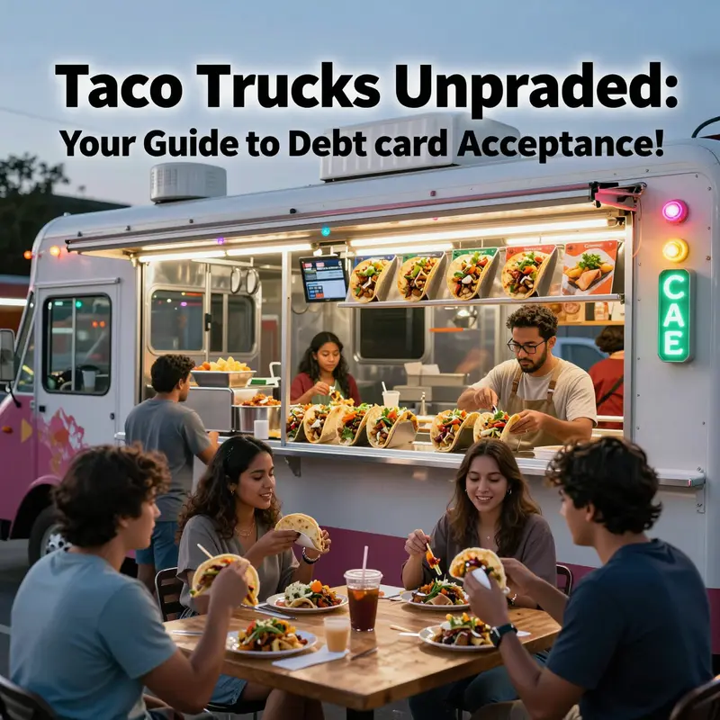 A bustling taco truck illuminated by warm lights at night, with happy customers enjoying delicious tacos in a festive setting.