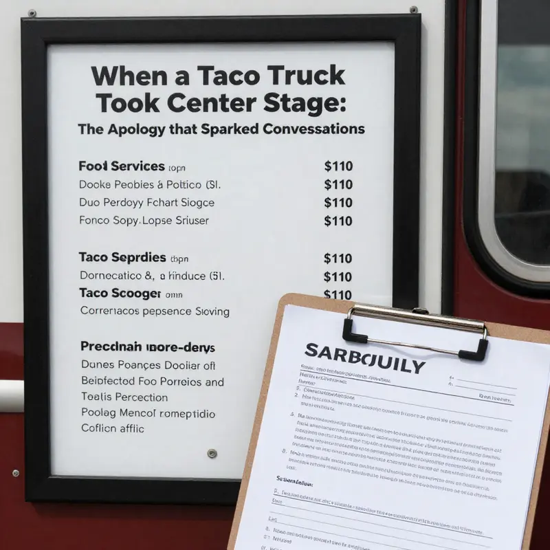 A lively taco truck scene attracting media attention, illustrating the moment of a public apology.