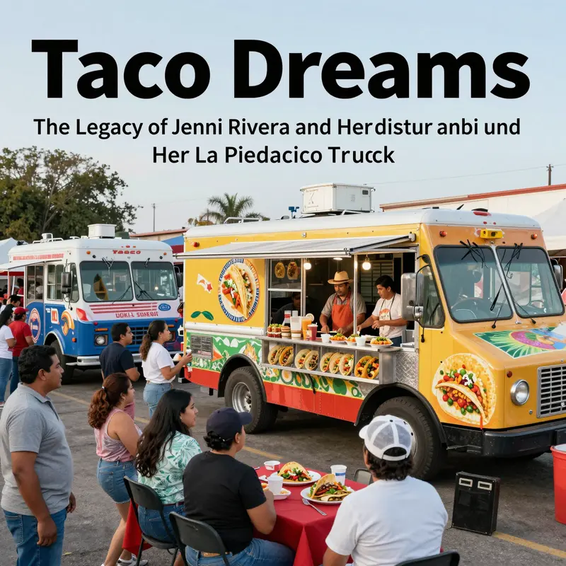 A bustling taco truck festival with multiple trucks serving diverse tacos, surrounded by happy customers.