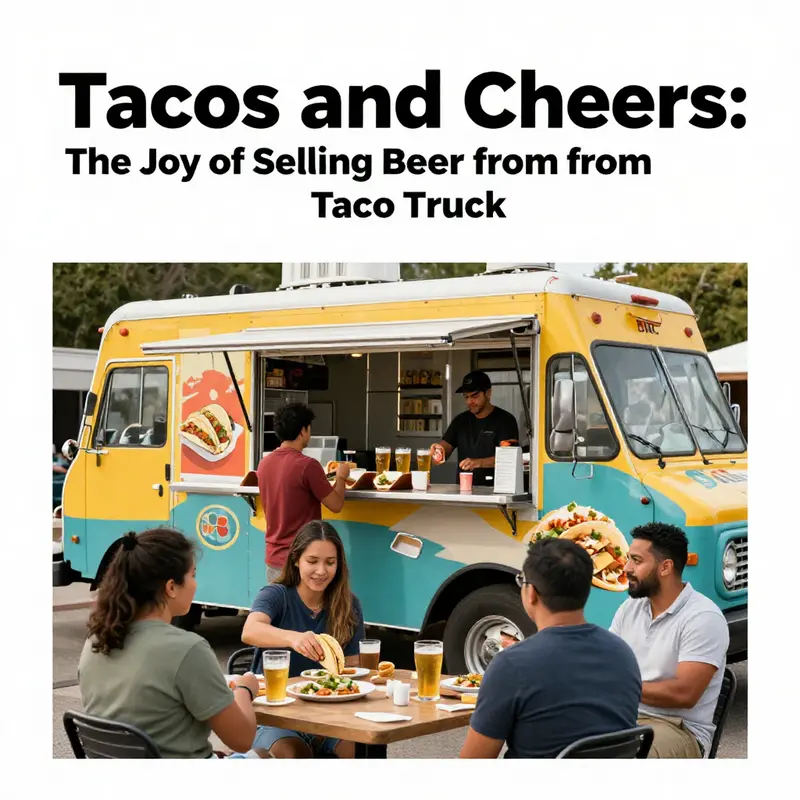 Outdoor taco truck bustling with happy customers enjoying tacos and beer, reflecting a vibrant culinary community.