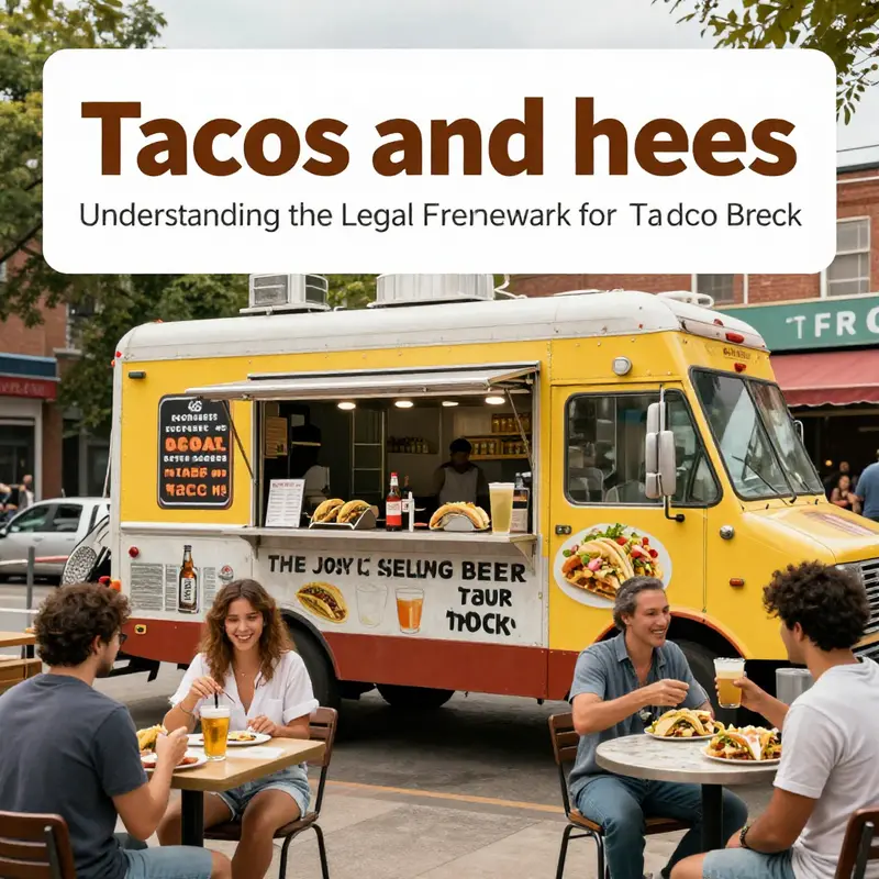 A taco truck operating with beer sales in a bustling city environment, highlighting legal compliance.