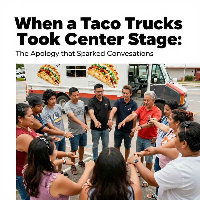A lively taco truck scene attracting media attention, illustrating the moment of a public apology.