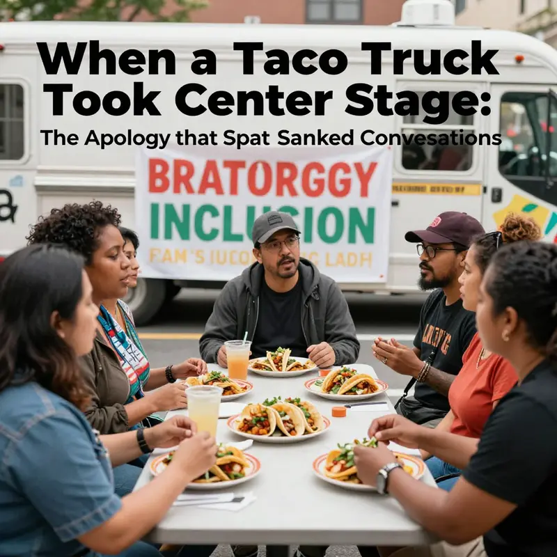 A lively taco truck scene attracting media attention, illustrating the moment of a public apology.
