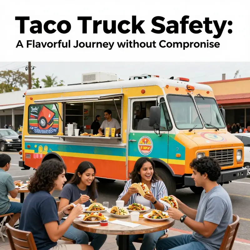 A taco truck serving a crowd of smiling customers enjoying freshly made tacos in a lively street setting.