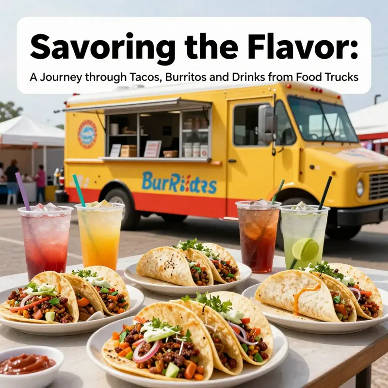 A vibrant display of mouthwatering tacos and burritos, paired with refreshing drinks, ready to satisfy cravings at an outdoor event.