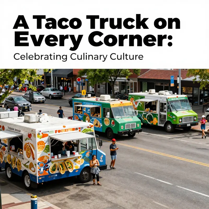 An urban street alive with taco trucks and people sharing food, symbolizing the joyful community atmosphere.