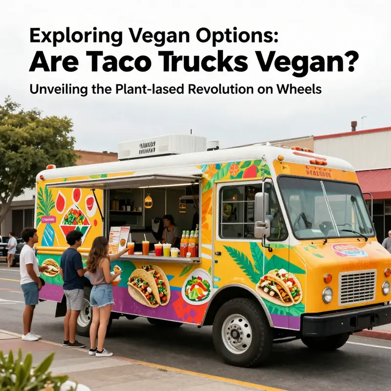 A bustling vegan taco truck serving a diverse selection of plant-based meals.