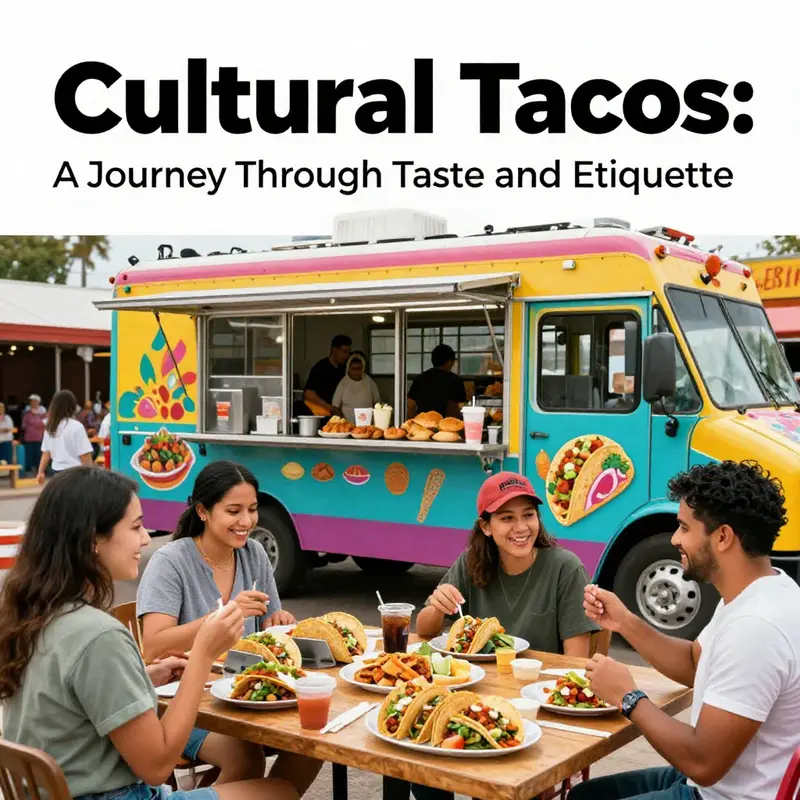 A colorful and busy taco truck with customers happily enjoying a variety of tacos.