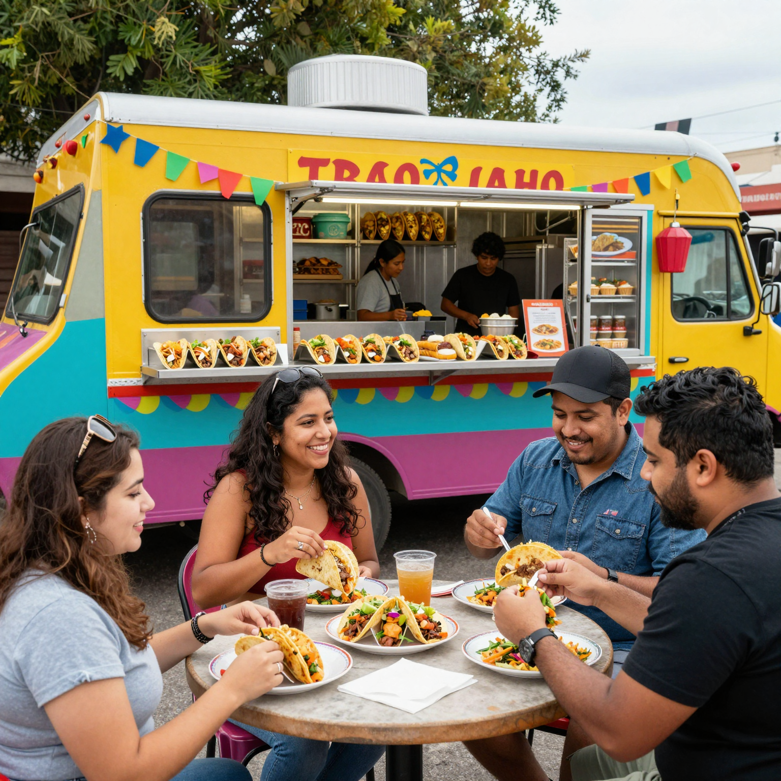 A vibrant taco truck scene with diverse customers enjoying tacos outdoors.