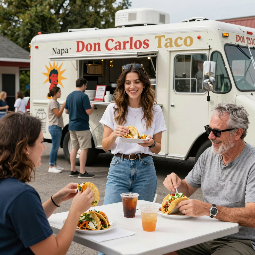 A friendly and vibrant scene at Don Carlos Taco Truck in Napa, showcasing customers enjoying tacos and a lively atmosphere.