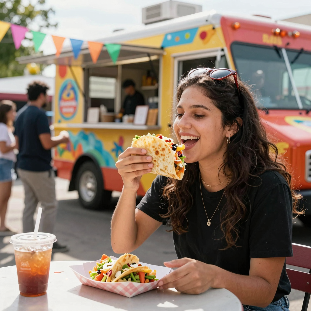 Customer enjoying tacos at food truck