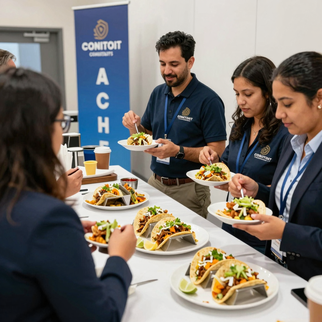 Taco truck at corporate event with employees enjoying tacos