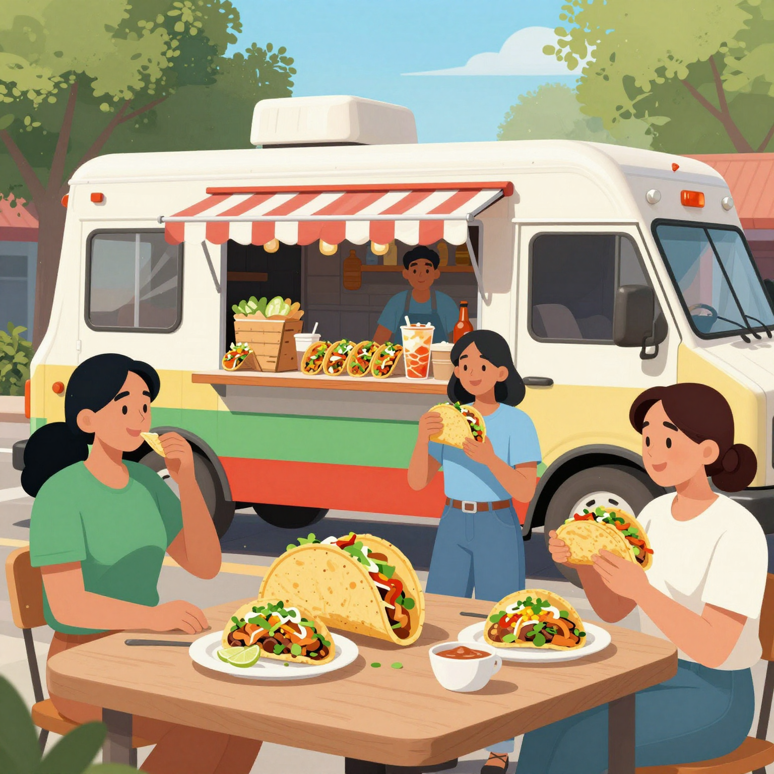 A vibrant illustration of a bustling taco truck scene, featuring people enjoying delicious tacos with a friendly atmosphere, reflecting the local culture and community love for food.