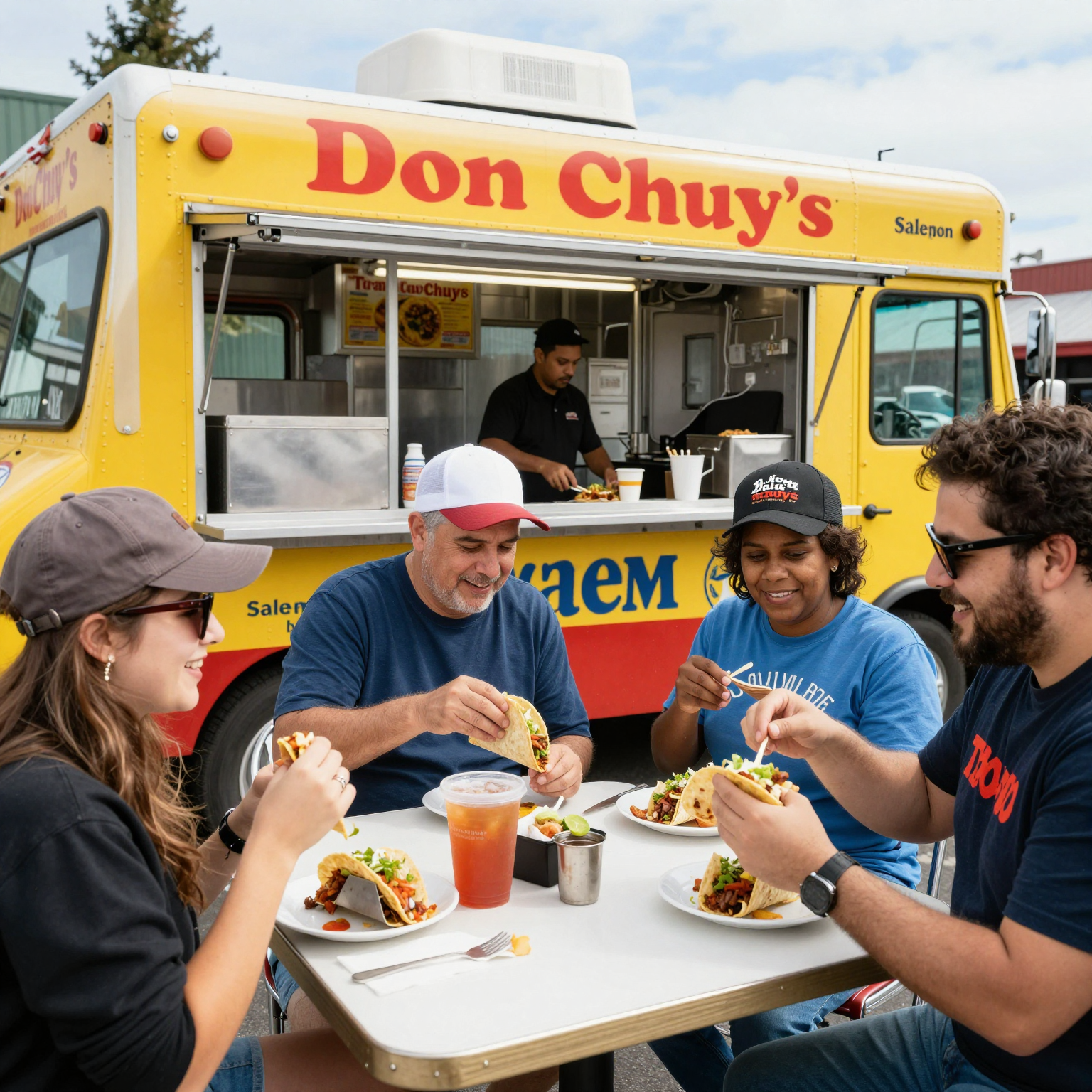 A vibrant image of Don Chuy's taco truck in Salem, Oregon, bustling with happy customers enjoying tacos.