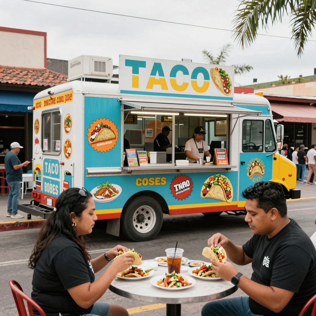 A vibrant street scene showcasing a taco truck with colorful signage, customers enjoying tacos, and a lively atmosphere representing local taco culture.