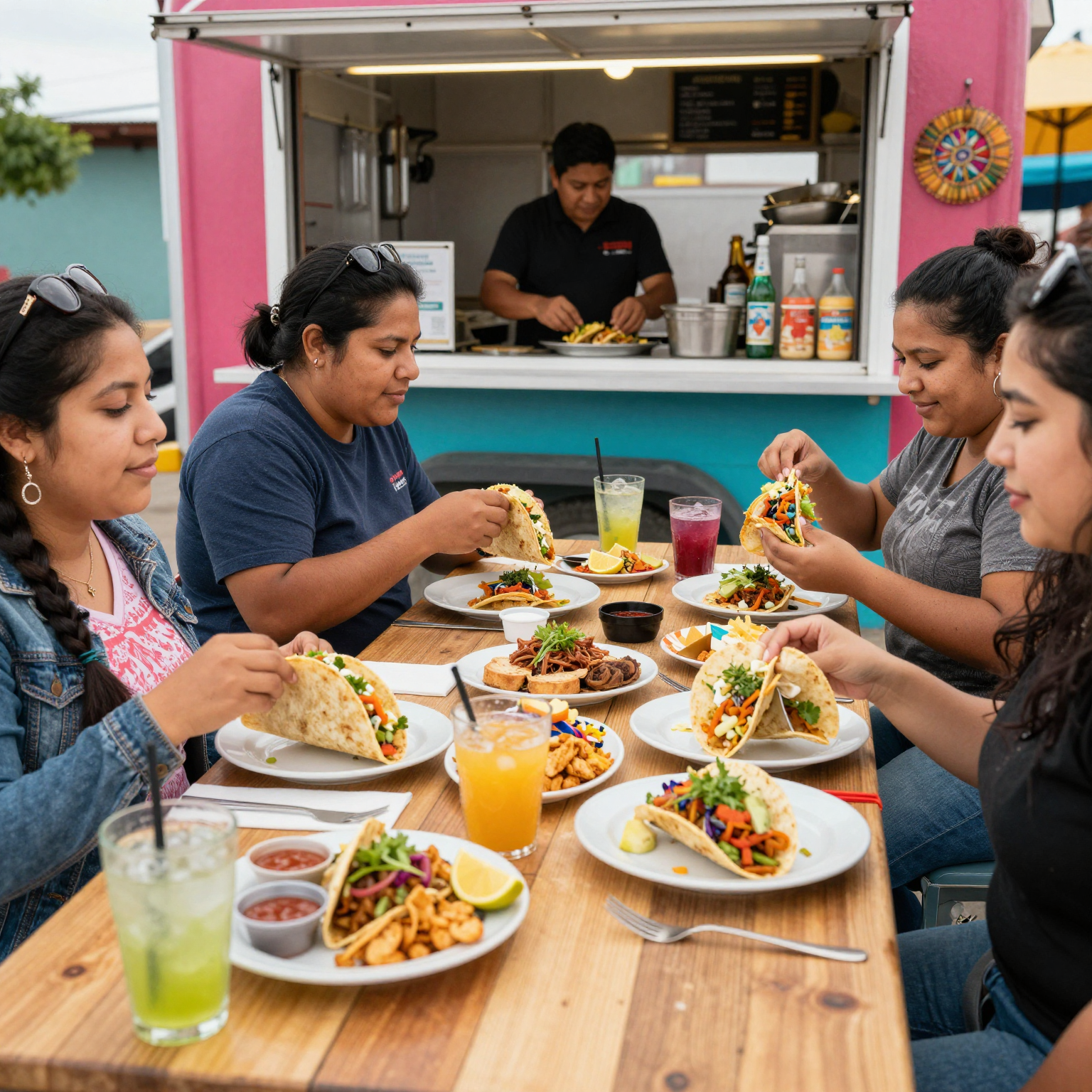 Taco truck scene with customers enjoying tacos