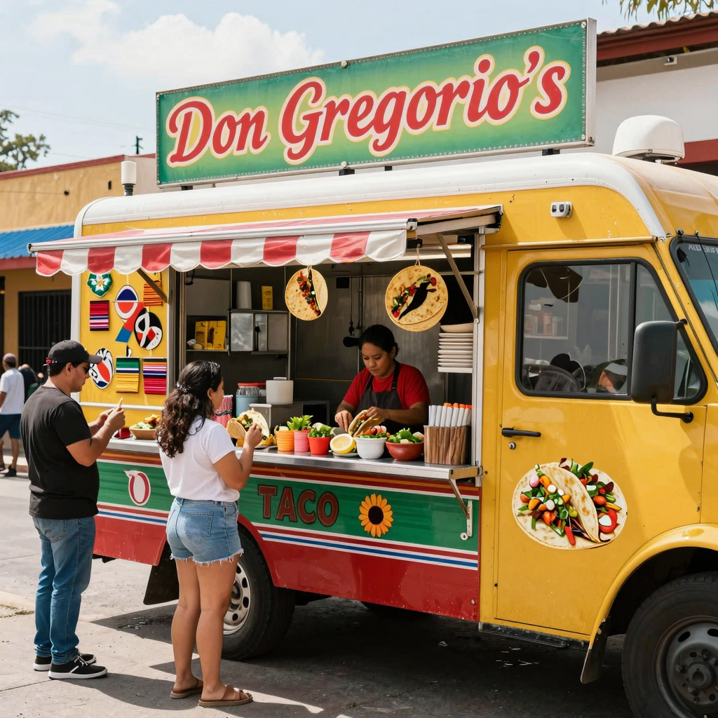 Don Gregorio's Taco Truck with vibrant decorations and happy customers