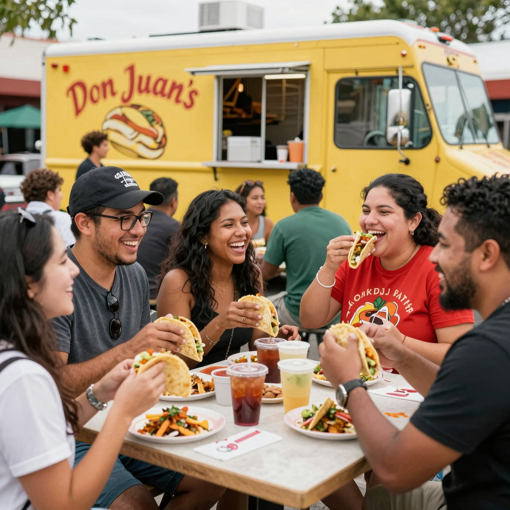 Happy customers enjoying tacos