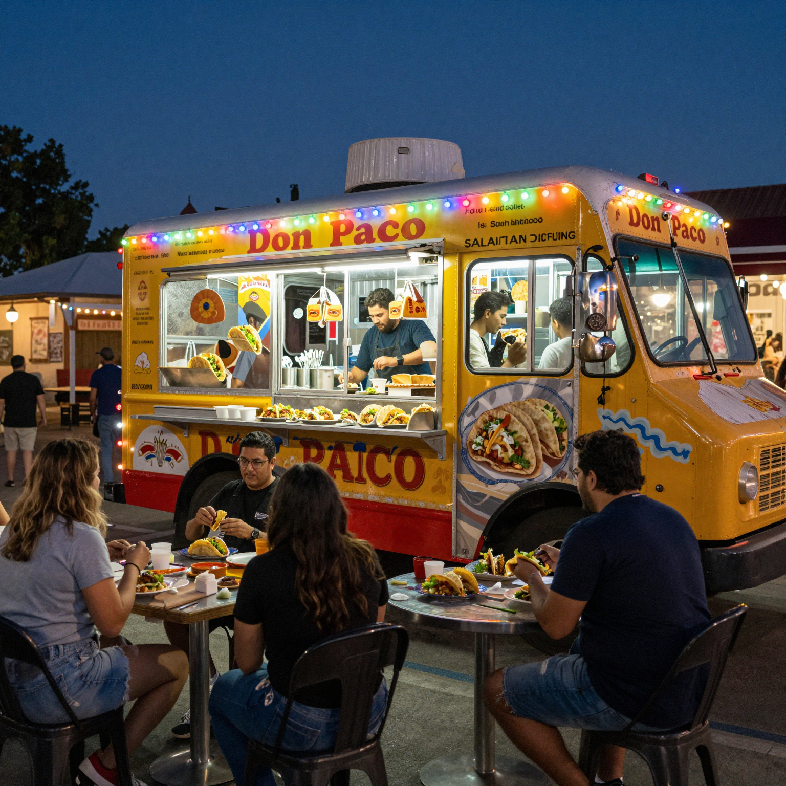A vibrant taco truck scene at night in Santa Barbara, California, showcasing the Don Paco Taco Truck with colorful lights and customers enjoying tacos. The background includes some local scenery with a festive atmosphere.