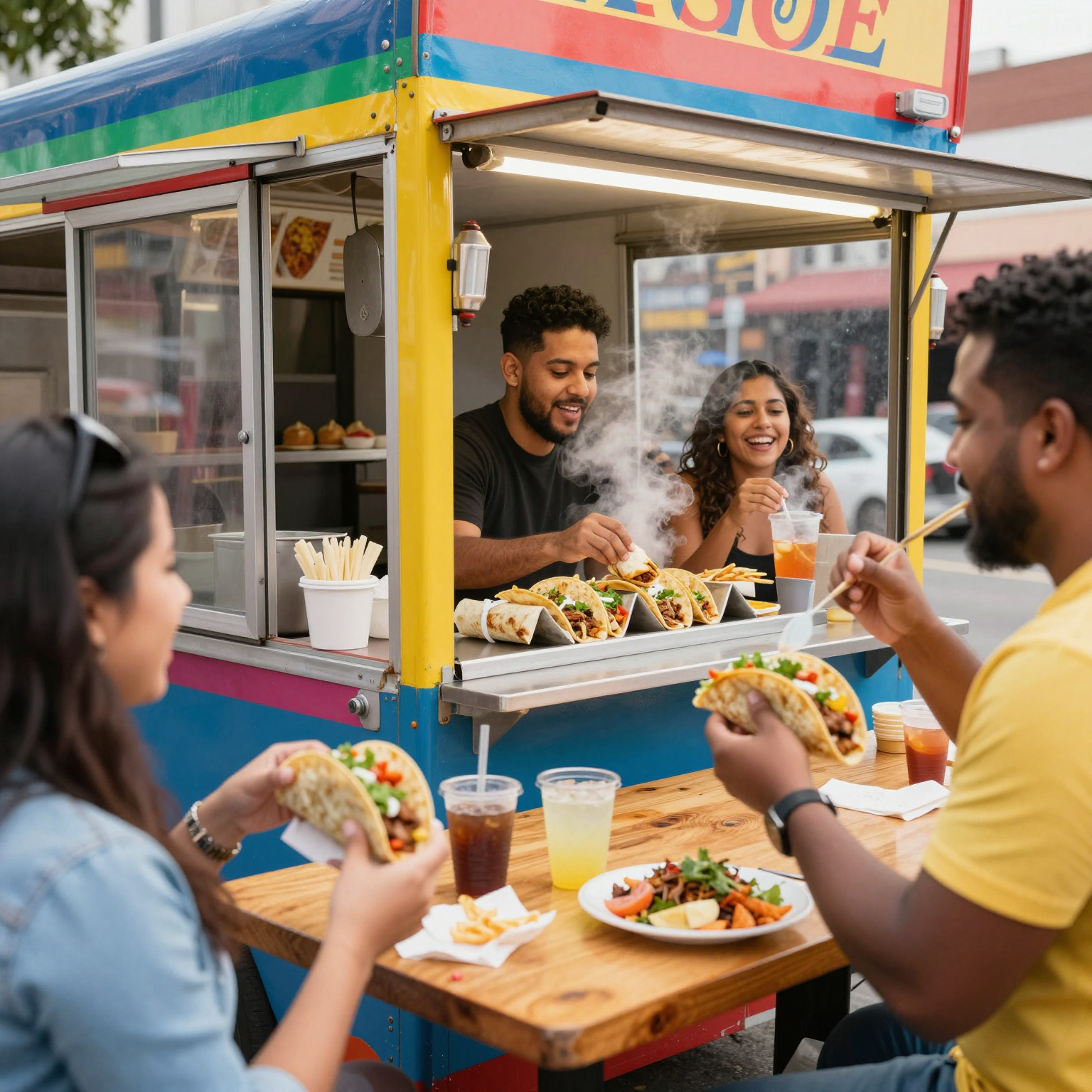 A vibrant taco truck scene