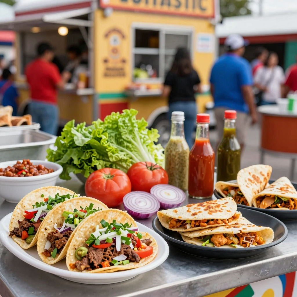 A colorful and vibrant taco truck scene showcasing taco offerings