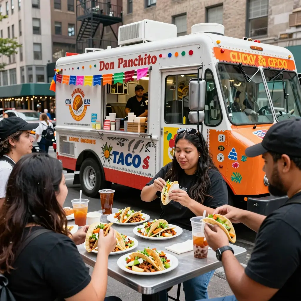 Don Panchito Taco Truck scene showcasing colorful dishes and happy customers