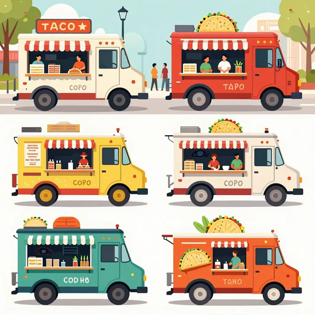 A vibrant illustration showcasing various taco trucks with diverse menus
