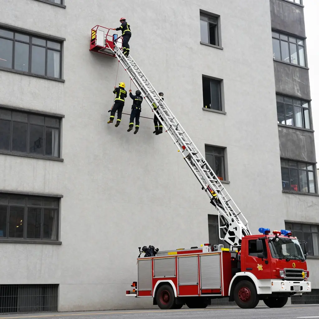 Aerial ladder fire truck in action