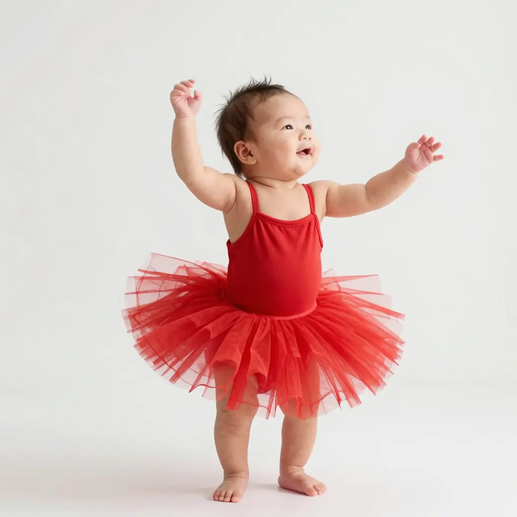 A vibrant newborn in a red tutu, showcasing joy and confidence while dancing.