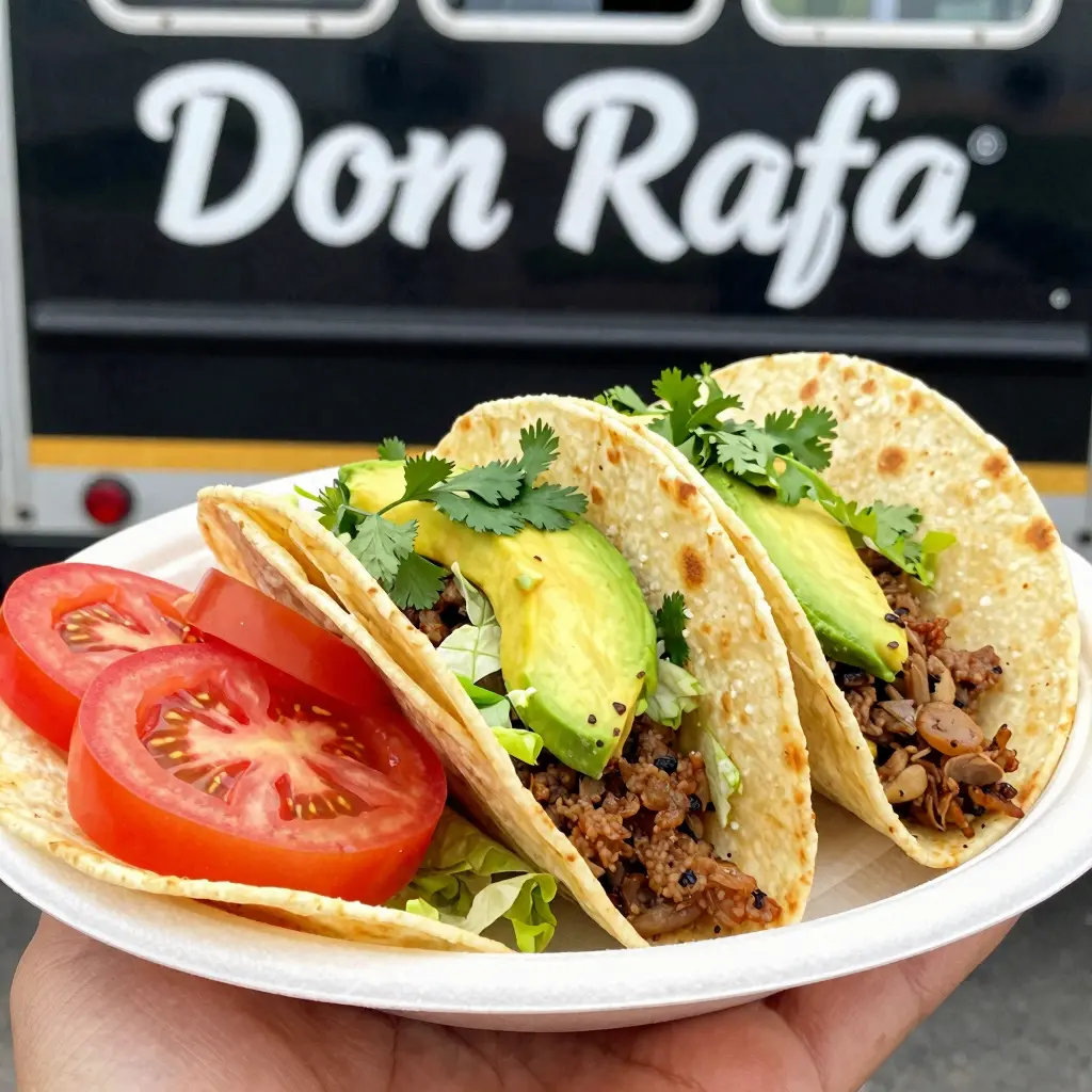 A vibrant image of a taco platter featuring colorful ingredients like fresh tomatoes, crispy lettuce, bright green avocado, and aromatic cilantro, showcasing Don Rafa’s famous tacos.